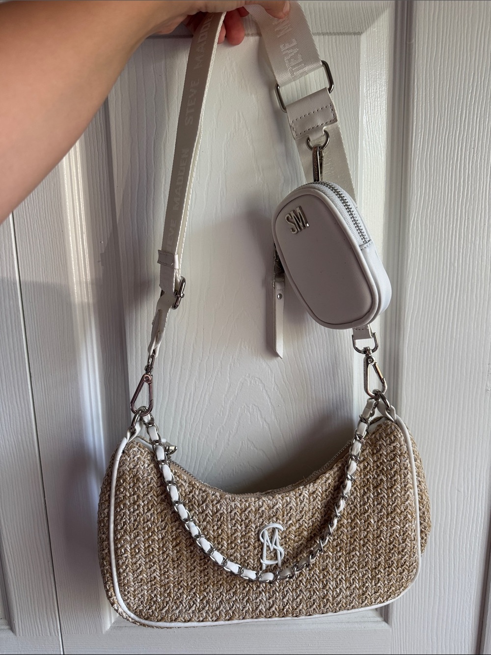 Steve Madden Beige Straw Shoulder Bag with White Accents